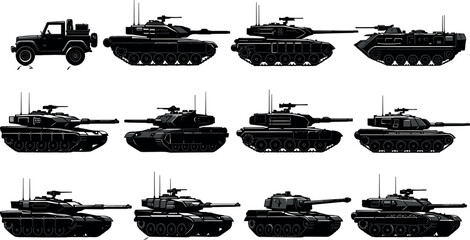 Tank and armored vehicle silhouette collection featuring various military combat machines in side view isolated on white background for defense, warfare and security concept © MstRazia