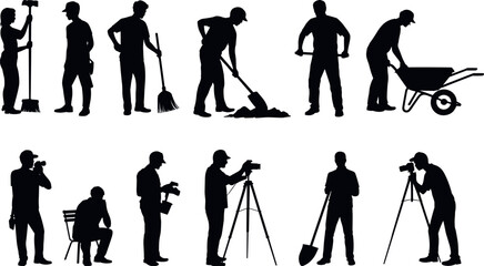 Worker and photographer silhouettes with cleaning tools shovel wheelbarrow and camera illustrating maintenance labor teamwork documentation profession construction service isolated vector set © MstRazia