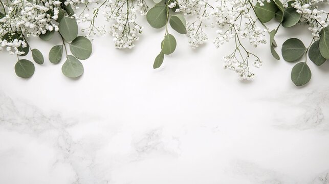 Eucalyptus leaves and baby's breath flowers on white marble surface