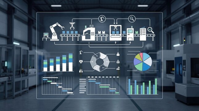 Smart factory automation with robotic arms,assembly line and data charts for industry 4.0 efficiency