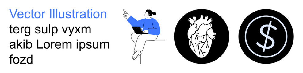 Obraz premium Business communication, healthcare, financial services, technology, education, design elements. Person pointing while holding a laptop, anatomical heart icon and dollar symbol. Business