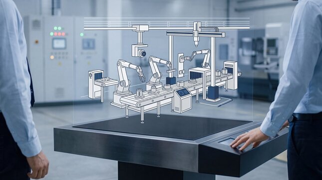 Engineers viewing a digital twin of an automated assembly line on a transparent interactive display screen