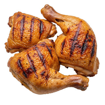 A macro close-up of deeply roasted golden-brown chicken pieces, featuring char marks and glistening crispy skin, isolated on a transparent background. Intense savory food concept