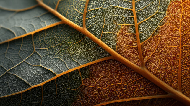 Close up macro of detailed leaf veins showing contrasting green and orange sections with intricate network pattern and textured surface conveying natural structure and organic contrast