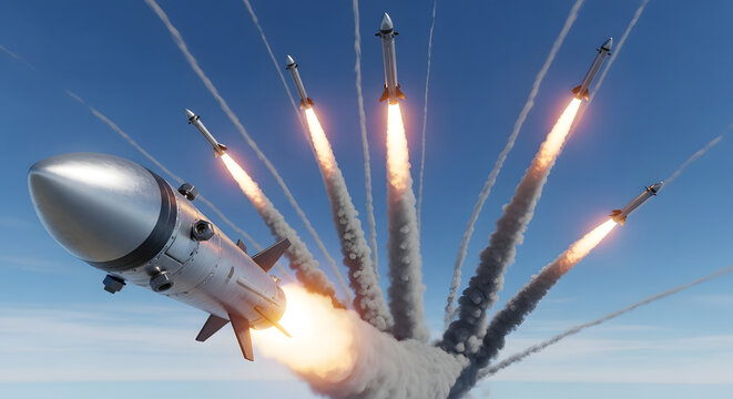Multiple modern ballistic missiles launching into the blue sky with smoke trails