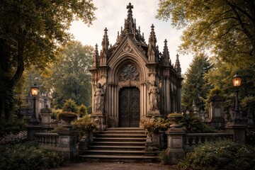 Obraz premium Gothic mausoleum amidst serene forest.