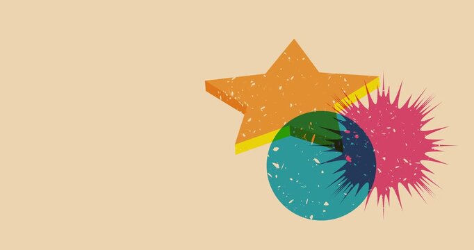 Colorful geometric shapes animation. Object in trendy riso graph design. Geometry elements abstract risograph texture style video.