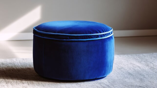 A minimalist blue velvet ottoman rests on a rug
