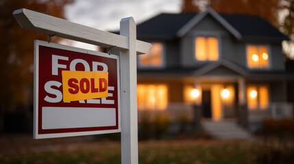 For sale sign with sold sticker in front of illuminated suburban house at dusk conveying success and warmth