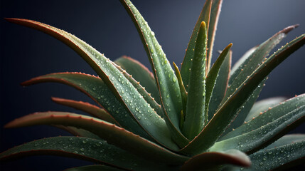 Fototapeta premium Aloe vera plant closeup with water droplets on thick succulent leaves showcasing texture, radial symmetry, serrated edges and dramatic studio lighting creating fresh botanical mood