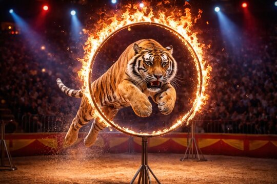 Tiger leaping through fiery hoop.