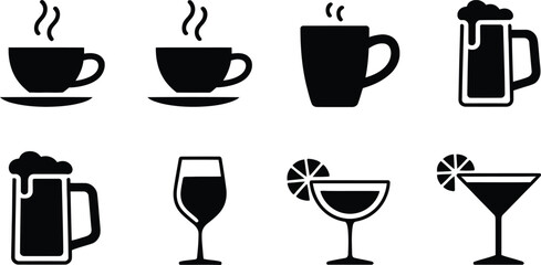 Set of 8 drink icons vector, black and white