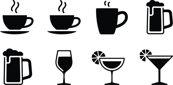 Set of 8 drink icons vector, black and white