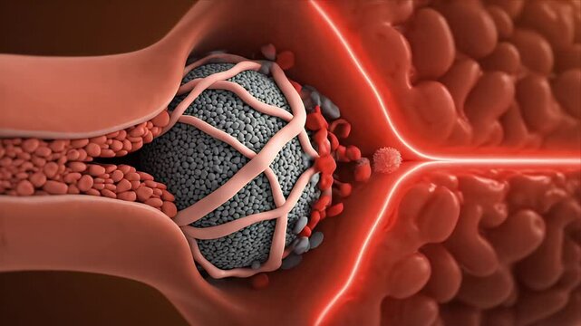 3D CGI Animation of Blood Clot Formation within an Artery Showing Red Blood Cells Platelets and Fibrin Strands with a Bright Red Pulsating Flow for Educational and Medical Presentations