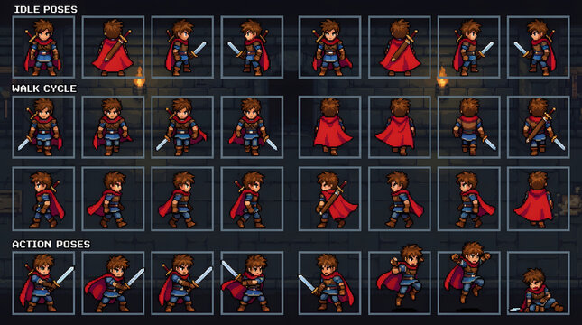Pixel Art Character Spritesheet Warrior with Sword and Cape - Idle, Walk, and Action Poses