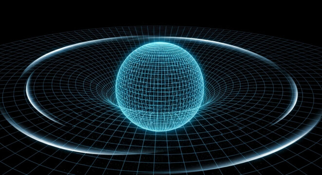 Glowing blue wireframe sphere with concentric grid lines and rings on a dark background futuristic technology concept