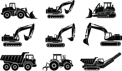 Black and white heavy construction machinery silhouette vector set featuring excavators, dump trucks, bulldozers, front loaders, and earthmoving equipment icons for industrial building site projects. © MdAnisur
