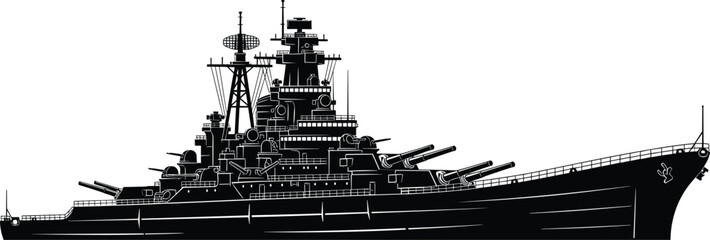 Black and white military battleship silhouette vector illustration featuring a detailed naval warship with heavy artillery turrets, radar antennas, and armored hull for maritime defense. © MdAnisur