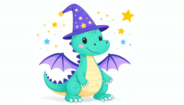 Cute baby dragon wizard cartoon character with magic hat isolated on white background