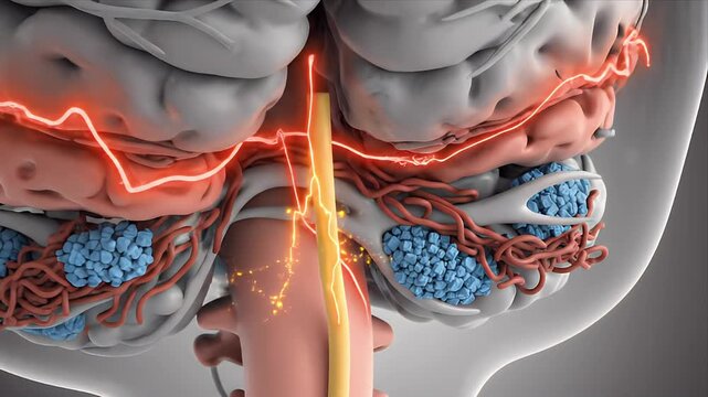 3D CGI Animation of Trigeminal Neuralgia showing nerve compression and pain signals for educational medical and healthcare presentations