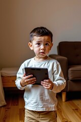 Young child standing indoors holding tablet with both hands, wearing light long-sleeve shirt and tan pants, symbolizing early digital exposure and modern technology in home life.