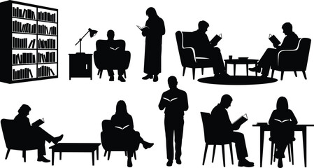 Collection of black silhouettes featuring people reading books in libraries and living rooms with bookshelves and furniture isolated on white background for education vector designs. © MdAnisur