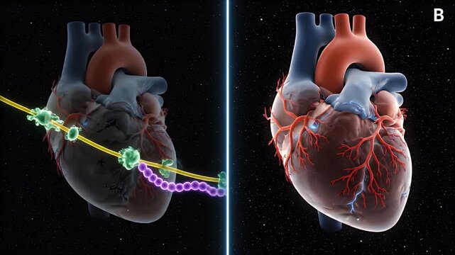3D CGI Visualization of Healthy Human Heart Versus Ischemic Heart Showing Coronary Artery Disease Mechanism Educational and Research Background