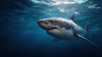 Fototapeta premium Great white shark shark ocean underwater marine predator dorsal fin tooth sea swimming