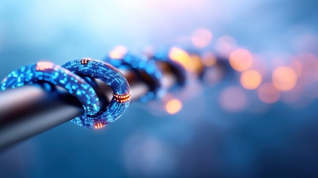 Glowing digital network cable with abstract bokeh background