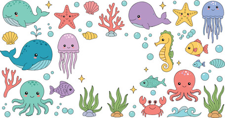 Cute Sea Animals Vector Collection with Whale Octopus Jellyfish Seahorse Fish Starfish Coral Cartoon Ocean Creatures Illustration Set © MdNazmul