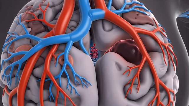 3D Medical Animation of Cancerous Tumor Cells Growing Among Healthy Cells Detailed Close Up View with Arteries and Veins Visible Representing Disease Progression