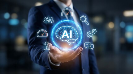 A business professional displays a bright, glowing artificial intelligence brain icon at the core of a circular digital interface with surrounding technical symbols.