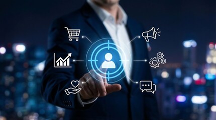 A businessman's hand points to a central target icon, surrounded by a comprehensive array of digital marketing and customer engagement icons.