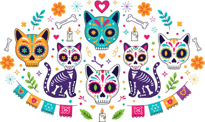 Naklejka premium Day of the Dead cat and sugar skull collection with colorful Mexican Dia de los Muertos elements illustration set