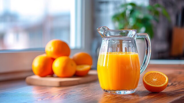Fresh orange juice in clear glass pitcher on table