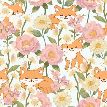 Cute wolf fox in beautiful cream white and pink flower garden seamless pattern
