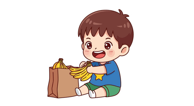 Happy child eating banana snack.