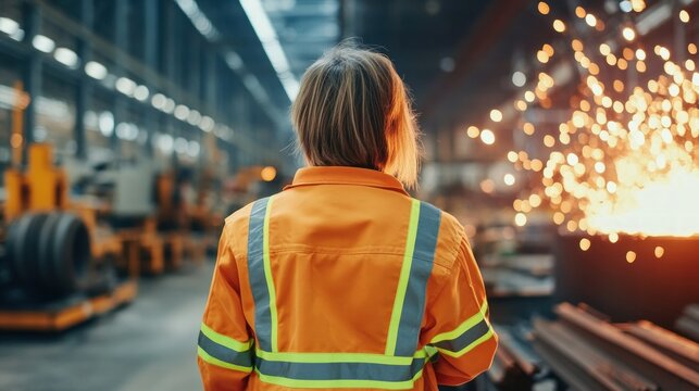 Worker observes industrial process with sparks