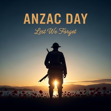 Anzac day poster with soldier and rainbow background