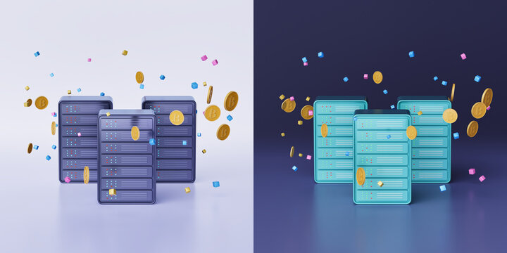 Split-screen illustration of Data center racks with crypto tokens and floating cubes