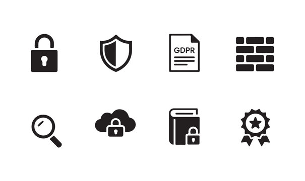 Compliance and cybersecurity icon set including gdpr cloud storage and firewall metaphors