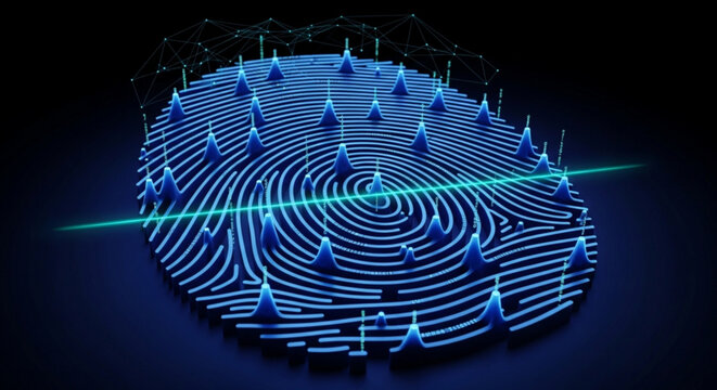 Glowing blue fingerprint with neon light scan lines and futuristic cyberpunk background for tech and security concepts