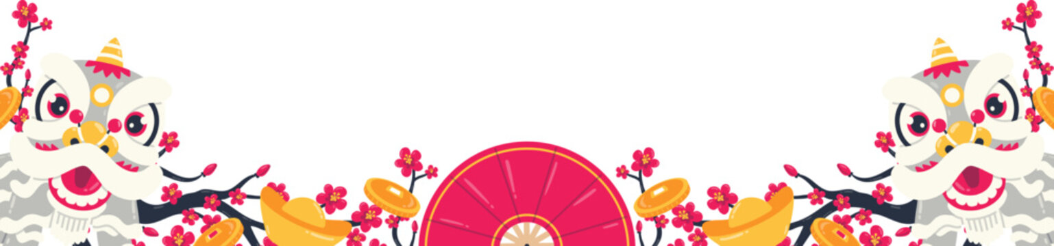 Festive Chinese Floral Border with Lion Mascot