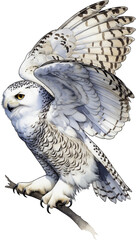Fototapeta premium A majestic white snowy owl spreads wide wings diving with sharp talons out.