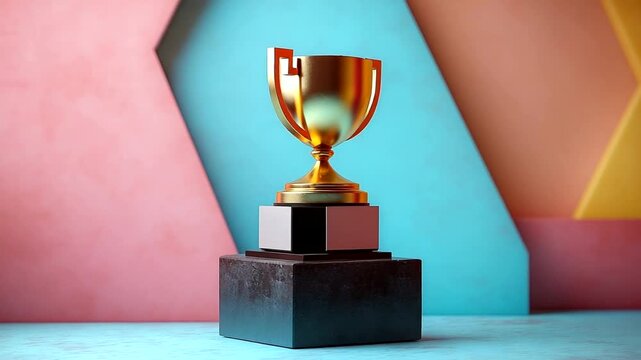 Golden trophy on a black pedestal against a colorful backdrop