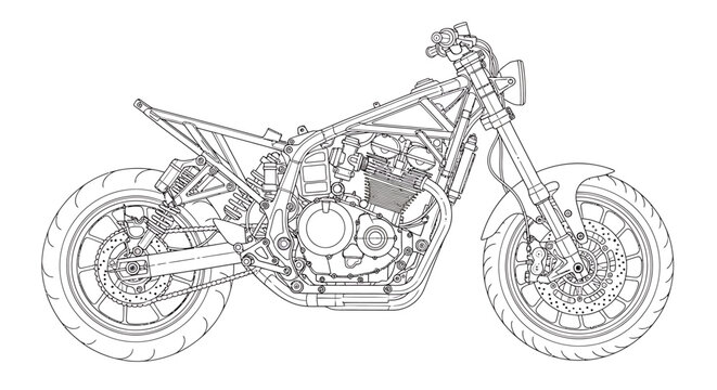 Detailed technical illustration of a motorcycle chassis and engine assembly, showcasing intricate mechanical components and structural engineering. Perfect for automotive design blueprints