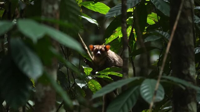 Uakari monkey sitting on a branch surrounded by lush greenery in a dense tropical forest with dappled sunlight.