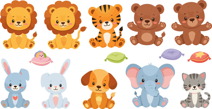 Cute Animal Collection with Lion, Tiger, Bear, Elephant, Rabbit, Dog, and Cat, Featuring Adorable Character Designs for Kids&rsquo; Illustrations