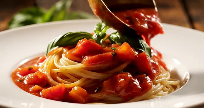 Spaghetti with tomato sauce being poured.
