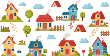 Fototapeta premium Charming House Collection with Colorful Roofs, Fences, and Flower Gardens for Cozy Home and Neighborhood Illustrations